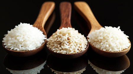 Rice in a wooden spoon on a reflective surface minimalist black backgroundの素材