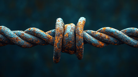 Rusty barbed wire on dark blue background. Close-up.の素材