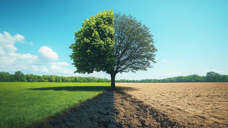 Half of the tree is alive and green and the other half is dry and dead. Concept of environment and climate change. World Earth Dayの素材