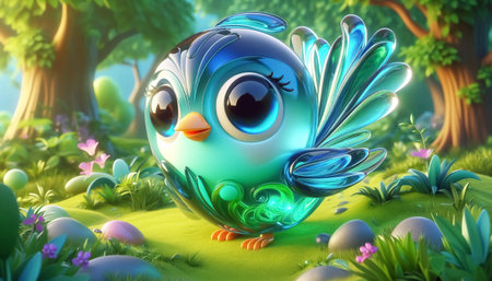 Cute bird in the forest. 3D illustration. Fantasy.の素材
