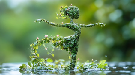 Fantasy figure in water with green leaves and flowers in the backgroundの素材