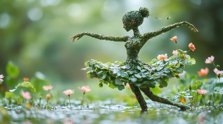 Fantasy figure in water with green leaves and flowers in the backgroundの素材