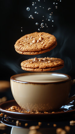Cookies falling into a cup of coffee on a dark background.の素材