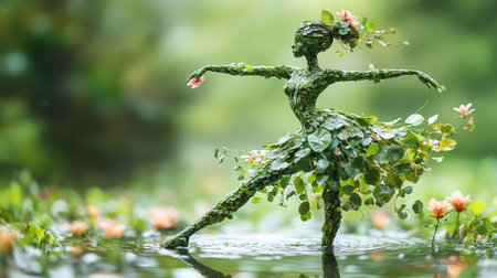 Fantasy figure in water with green leaves and flowers in the backgroundの素材