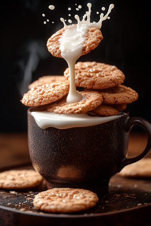 Cookies falling into a cup of coffee on a dark background.の素材