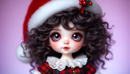Portrait of a beautiful, cute doll with big eyes, curly hair, and a Santa hat. Time to celebrate Christmasの素材