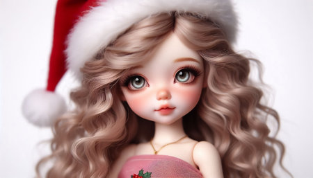 Portrait of a beautiful, cute doll with big eyes, curly hair, and a Santa hat. Time to celebrate Christmasの素材