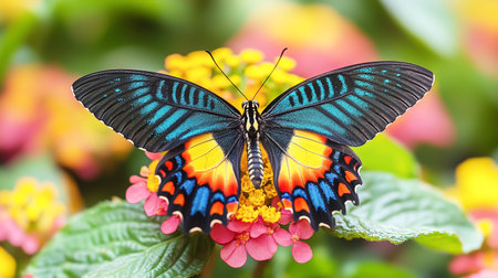 Closeup of butterfly on a flower with vibrant colorsの素材