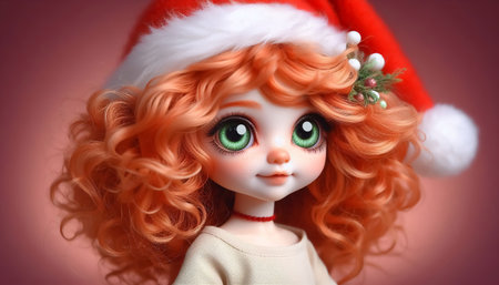 Portrait of a beautiful, cute doll with big eyes, curly hair, and a Santa hat. Time to celebrate Christmasの素材