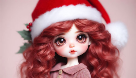Portrait of a beautiful, cute doll with big eyes, curly hair, and a Santa hat. Time to celebrate Christmasの素材
