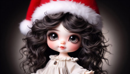 Portrait of a beautiful, cute doll with big eyes, curly hair, and a Santa hat. Time to celebrate Christmasの素材