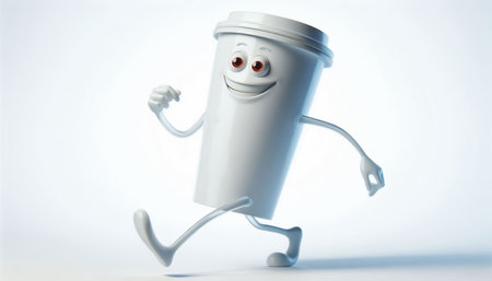 Funny clumsy cup of coffee cartoon, cute illustration on white backgroundの素材