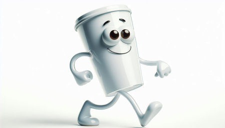 Funny clumsy cup of coffee cartoon, cute illustration on white backgroundの素材