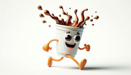 Funny clumsy cup of coffee cartoon, cute illustration on white backgroundの素材