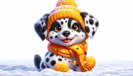 Cute dalmatian dog illustration in snowy landscape with scarf and wool hat. Christmas celebration timeの素材