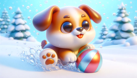 Cute dog illustration in snowy landscape. Christmas celebration timeの素材