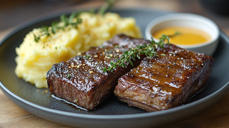 Grilled steak cut into slices and seasoned with rosemaryの素材