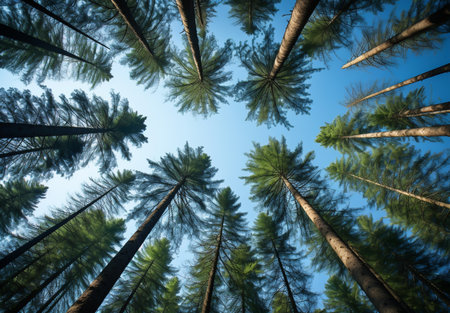 Huge trees in the forest, seen from belowの素材