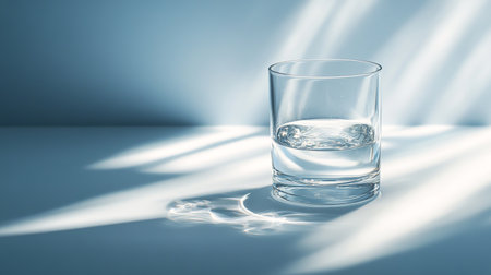 Glass of water with shadow on a blue background. Copy space.の素材