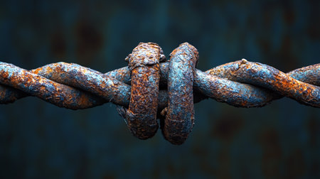 Rusty barbed wire on dark blue background. Close-up.の素材