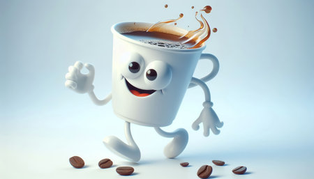 Funny clumsy cup of coffee cartoon, cute illustration on white backgroundの素材