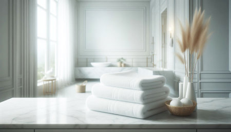 Detail of white bath towels in a room highlighted by natural lighting and shadowsの素材