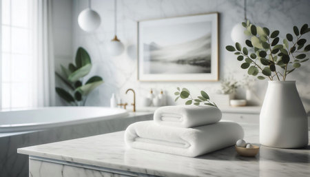 Detail of white bath towels in a room highlighted by natural lighting and shadowsの素材
