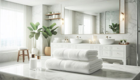 Detail of white bath towels in a room highlighted by natural lighting and shadowsの素材