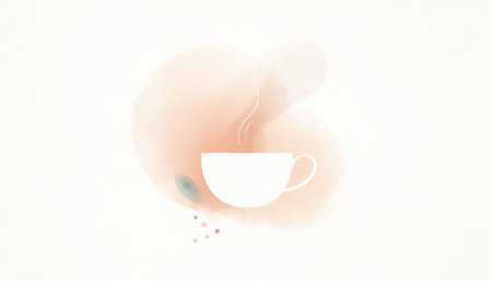 Watercolor illustration of a cup of steaming hot chocolate representing minimalist concept artの素材