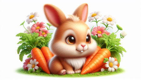 3D funny bunny cartoon with carrotsの素材
