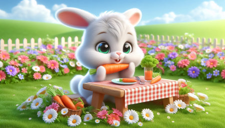3D funny bunny cartoon with carrotsの素材