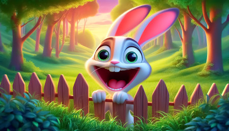 Happy rabbit cartoon on a wooden fenceの素材