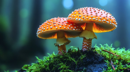 Amanita muscaria fly agaric mushrooms in the forestの素材