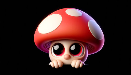 Funny mushroom with eyes on black background. 3d illustration.の素材