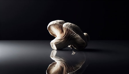 Dried mushroom isolated in black backgroundの素材