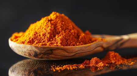 Paprika in a wooden spoon on a reflective black minimalist surfaceの素材