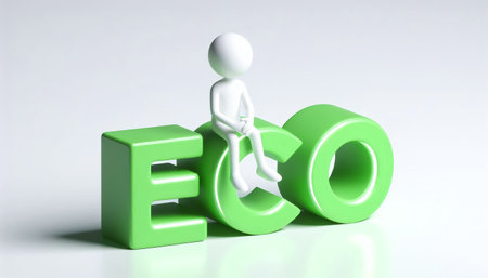 White 3D figure sitting on the word ECO. Sustainability and environment concept, on white backgroundの素材