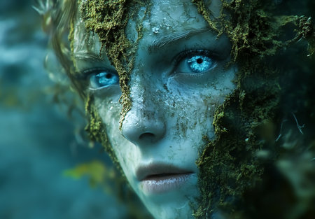 Fantasy sea creature with scale skin and water eyes underwaterの素材