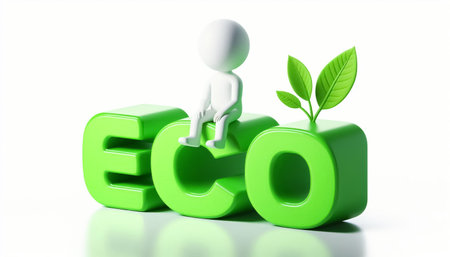 White 3D figure sitting on the word ECO. Sustainability and environment concept, on white backgroundの素材
