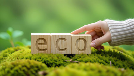 Wooden blocks on green grass with the word ECO. Concept of environment and ecologyの素材