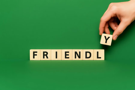 Wooden cubes spelling the word FRIENDLY, a hand completes the wordの素材