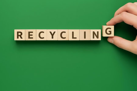 Wooden cubes spelling the word RECYCLING, a hand completes the wordの素材