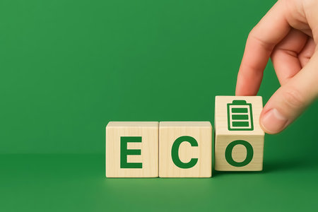Wooden cubes spelling the word ECO, a hand completes the wordの素材
