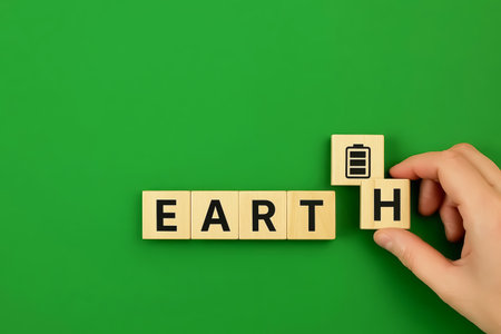 Wooden cubes spelling the word EARTH, a hand completes the wordの素材