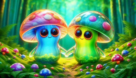 3D funny mushrooms cartoons in the forest with vibrant colorsの素材
