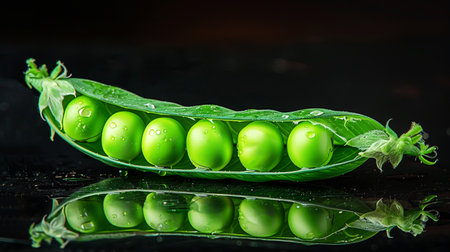 Peas on a reflective surface minimalist black backgroundの素材