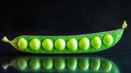 Peas on a reflective surface minimalist black backgroundの素材