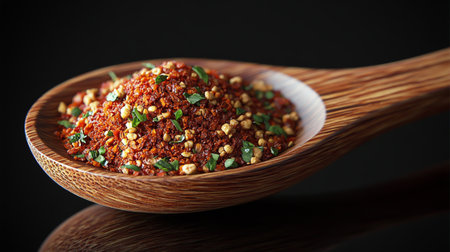 Dried and crushed spices in a wooden spoonの素材
