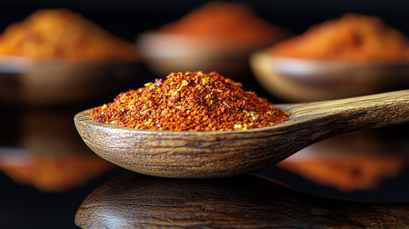 Dried and crushed spices in a wooden spoonの素材