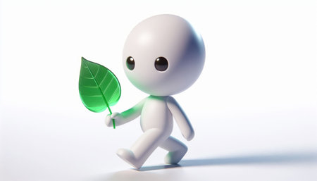 3D white figure with a green leaf to raise awareness about protecting planet earthの素材